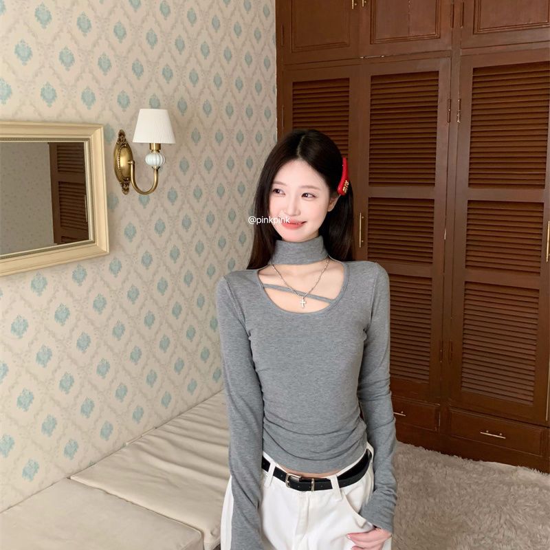 純欲風設計感高領鏤空德絨長袖女冬季2023新款小眾修身顯瘦上衣