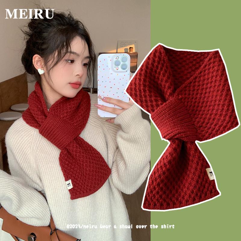 Woolen small scarf for women winter 2023 new red versatile warm solid color lazy knitted cross neck scarf