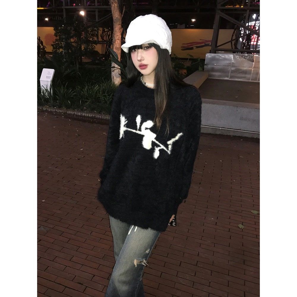 美式vintage黑色圓領軟糯毛衣女2023冬加厚慵懶風寬鬆情侶針織衫