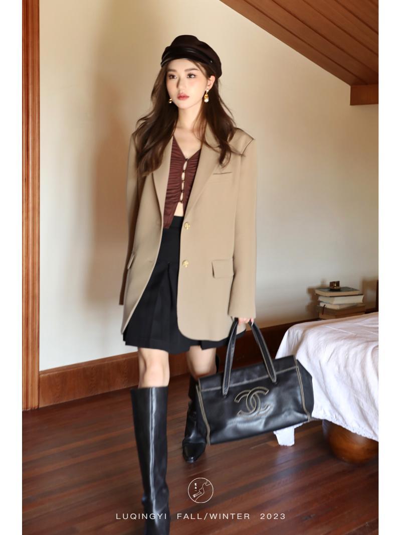 High-end temperament black suit jacket for women spring and autumn temperament casual loose versatile mid-length suit ins