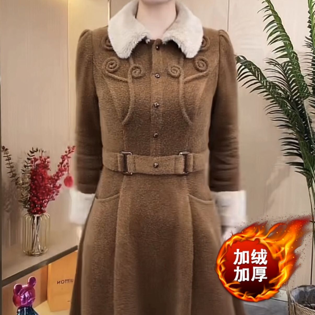 加絨加厚高檔北極絨連衣裙2023新款冬季女中國風盤扣氣質媽媽裙子