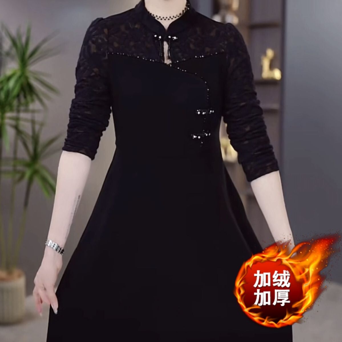 加絨加厚水溶鈎花蕾絲連衣裙2023新款冬女高檔顯瘦改良版旗袍裙子