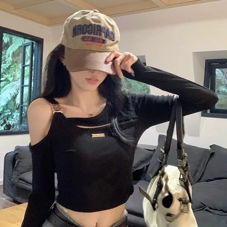 露肩短款上衣女設計感德絨秋冬季新款純欲辣妹別致黑色長袖T恤