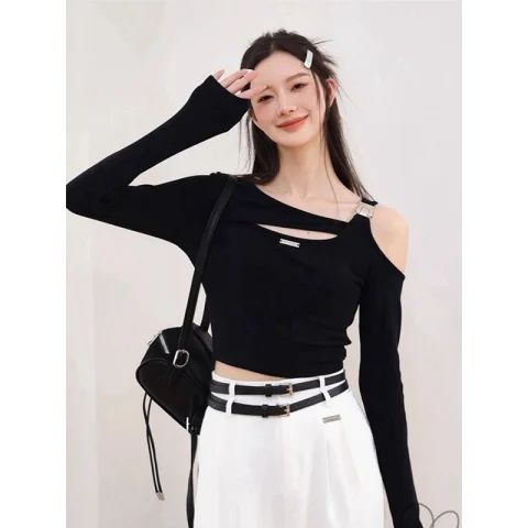 露肩短款上衣女設計感德絨秋冬季新款純欲辣妹別致黑色長袖T恤