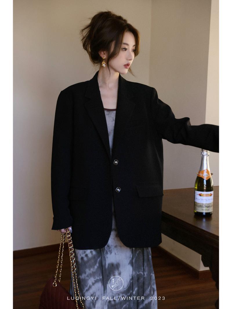 High-end temperament black suit jacket for women spring and autumn temperament casual loose versatile mid-length suit ins