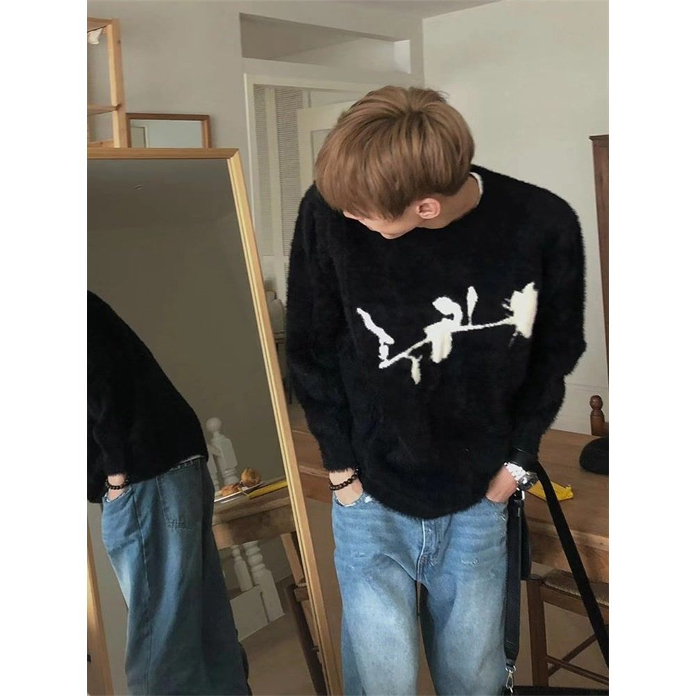 美式高級感暗黑系玫瑰花毛茸茸毛衣男女潮流cleanfit針織衫上衣潮
