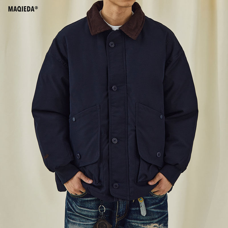 Macheda cotton coat men's Hong Kong style retro thickened cold-proof workwear cotton coat loose big pocket couple coat trendy