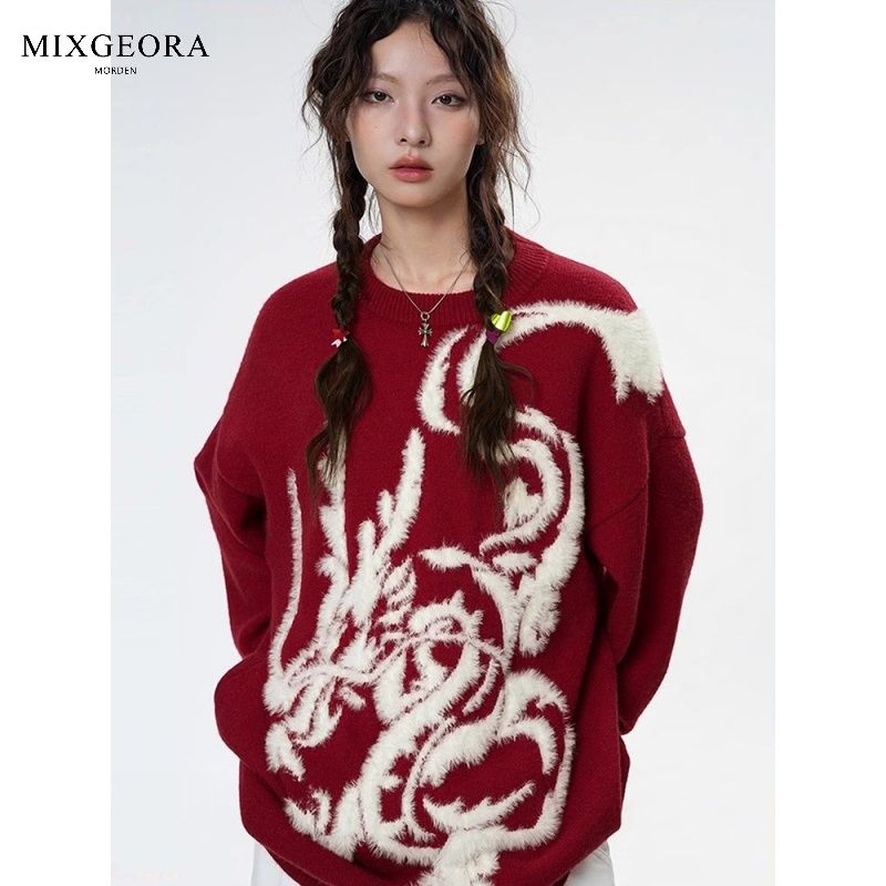 MIX GEORA New Year of the Dragon Sweater Women's Winter National Fashion Brand Loose New Year's Festive Couple Sweater Jacket