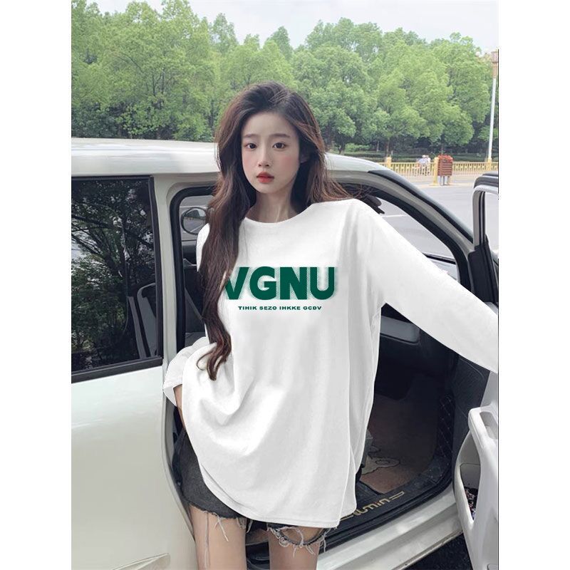 100%純棉長袖白色t恤女學生時尚秋冬新款內搭打底衫寬鬆上衣體恤