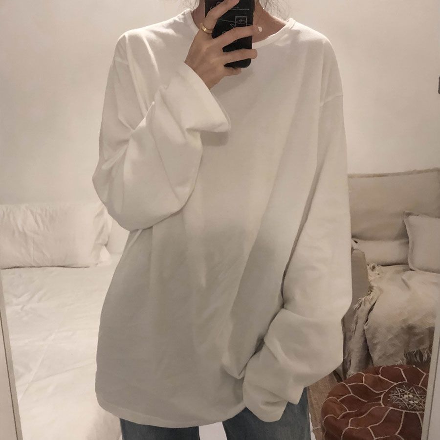 加厚雙面德絨圓領白色打底衫女加絨秋冬磨毛內搭純色寬鬆長袖T恤