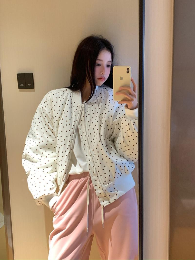 Korean stand-up collar short jacket, cotton coat, women's 2023 autumn and winter new style, fresh polka dots, flesh-covering, slimming short jacket