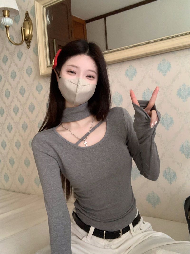 純欲風設計感高領鏤空德絨長袖女冬季2023新款小眾修身顯瘦上衣