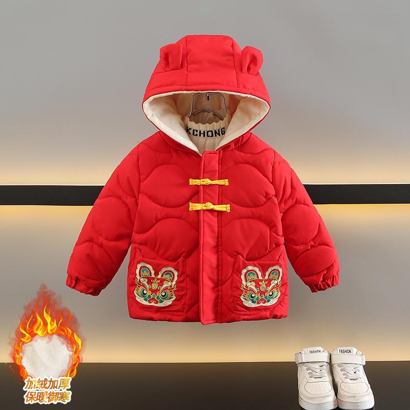 拜年服唐裝男童加絨新年服2023新款紅色女寶寶過年服兒童加厚棉服