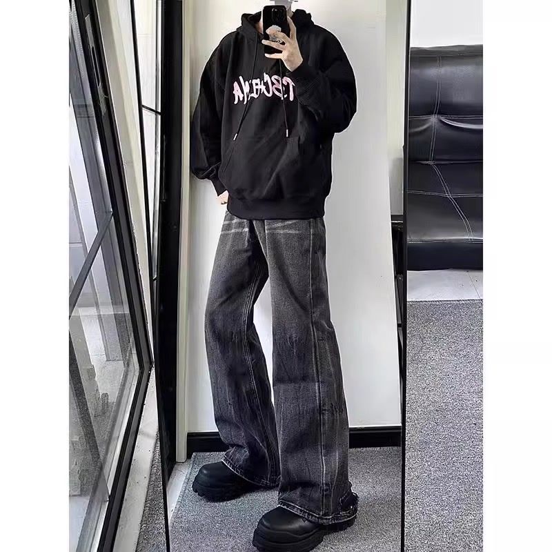 美式街頭貓須牛仔褲男復古潮牌痞帥寬鬆闊腿長褲小眾情侶褲子