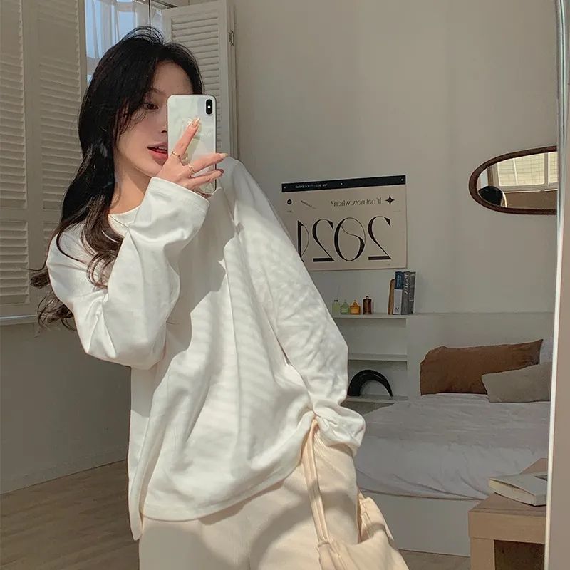 白色德絨打底衫女秋冬保暖內搭純色韓版長袖上衣寬鬆簡約加絨t恤