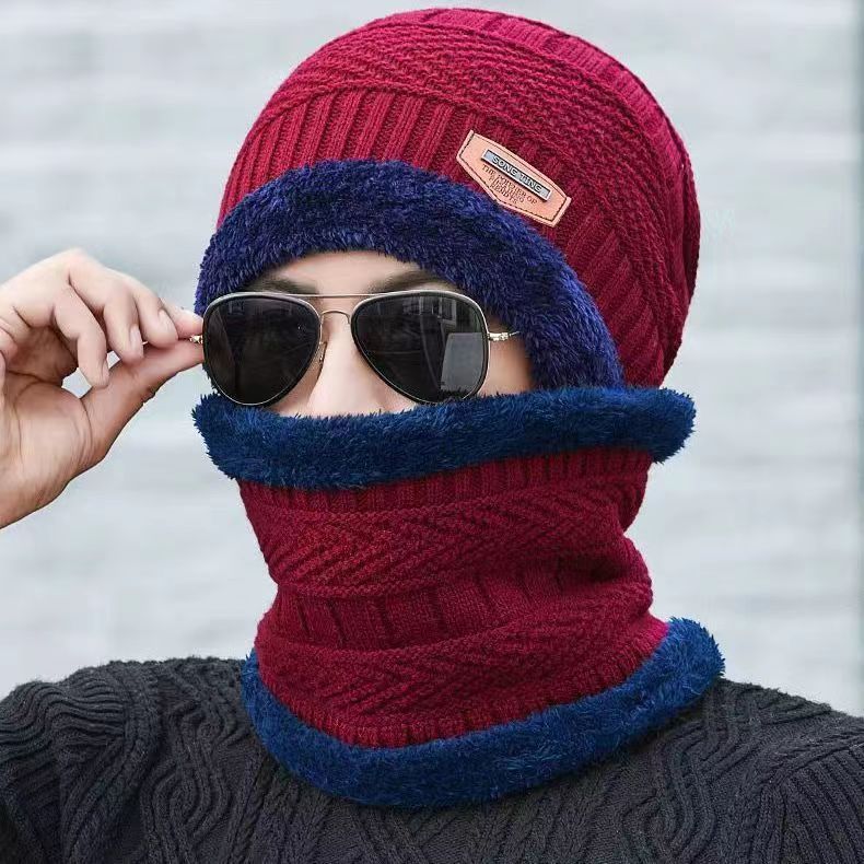 帽子男士秋冬季毛线针织套头帽帽子围脖两件套针织帽户外防寒