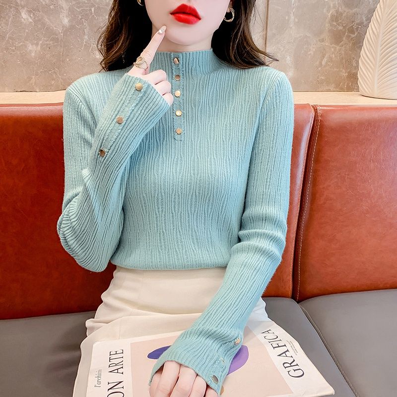 2023秋冬新款半高領打底衫女高級感內搭顯白藍色針織衫氣質上衣女