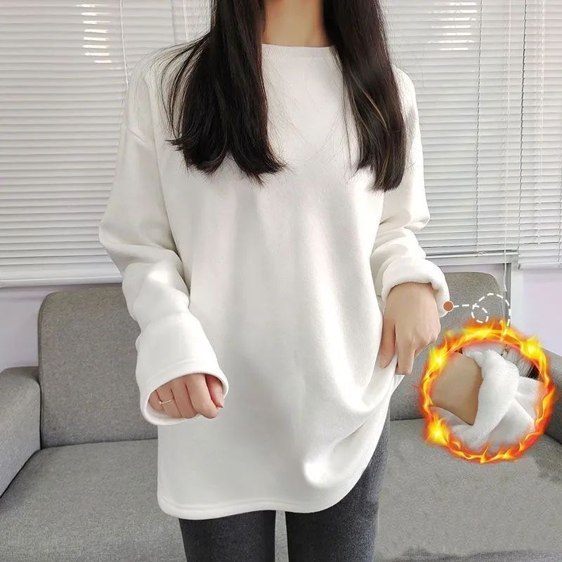 白色t恤女長袖打底衫內搭韓版新款秋冬洋氣時尚百搭德絨磨毛上衣