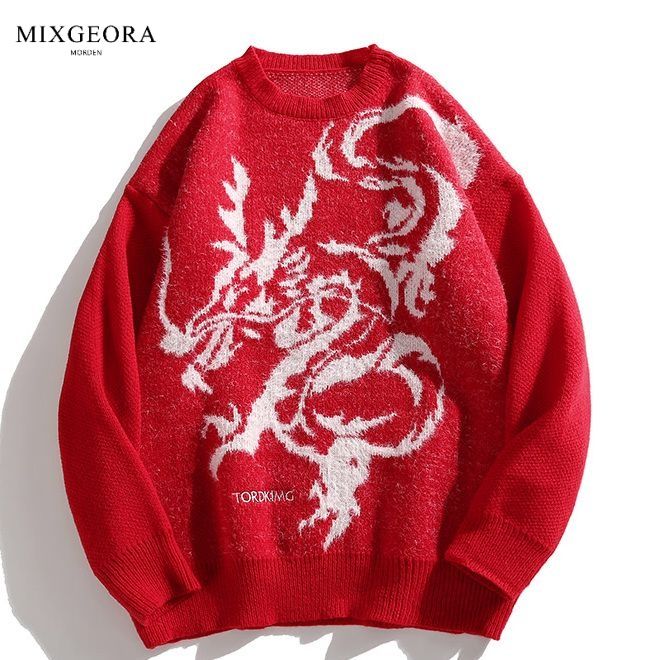 MIX GEORA Year of the Dragon Zodiac Year Sweater National Trend Millennial Style Personalized Red New Year Popular Men's and Women's Sweater