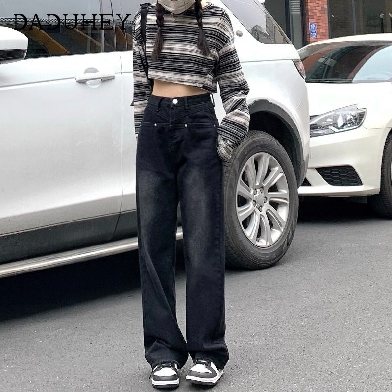 直筒牛仔褲女春秋冬季新款黑灰色小個子口袋設計寬鬆顯瘦闊腿褲子