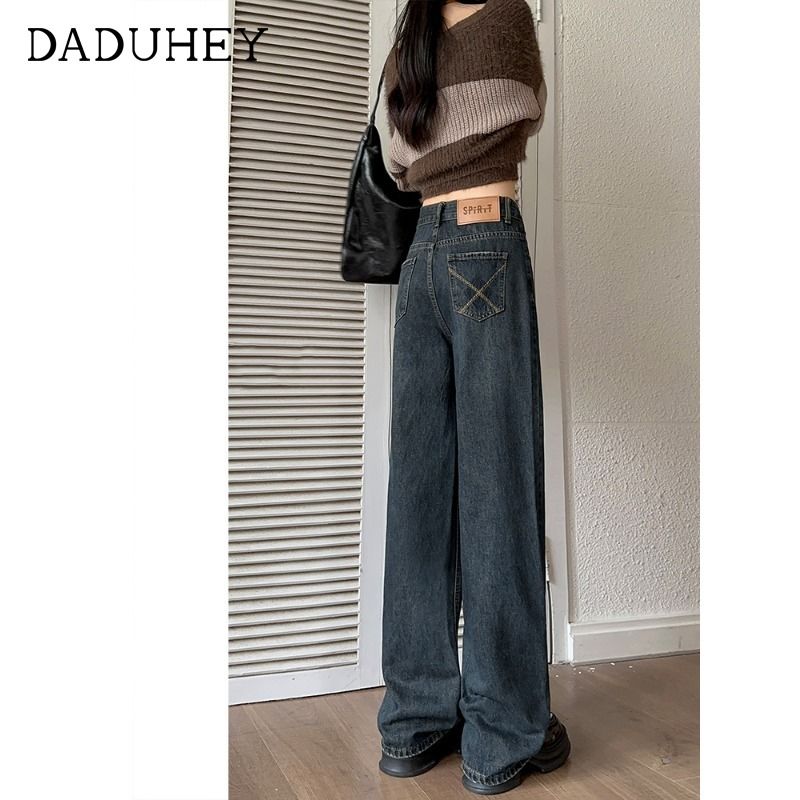 美式復古水泥灰闊腿牛仔褲女秋冬新款刺繡設計高腰顯瘦寬鬆直筒褲