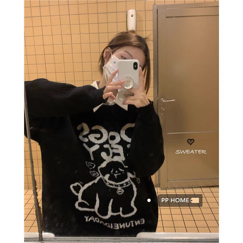 乖巧學妹~鬼馬少女狗狗印花圓領毛衣軟糯秋冬慵懶寬鬆圓領上衣