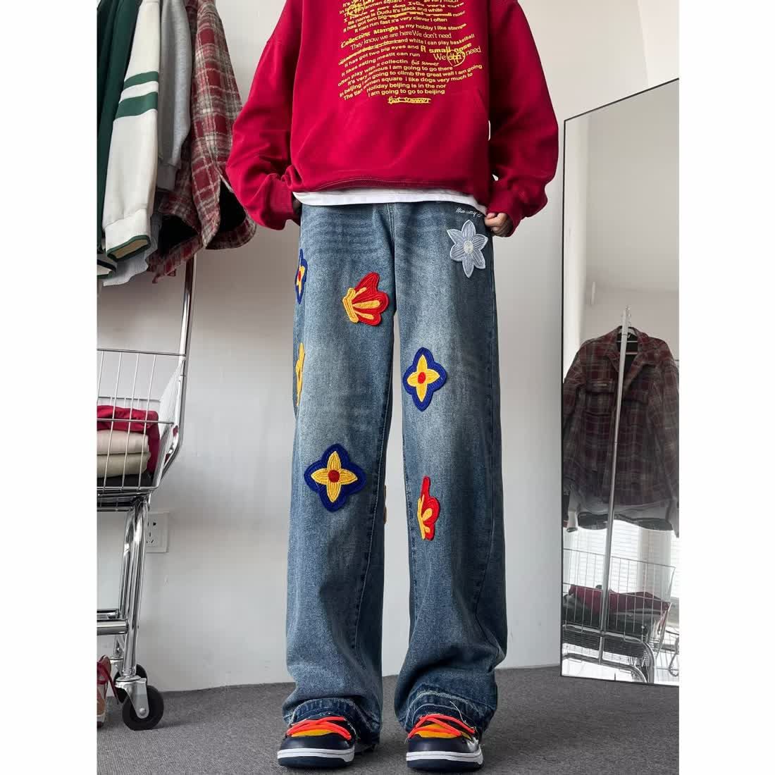 美式復古高街刺繡牛仔褲男女潮牌設計感小眾休閒直筒闊腿長褲子