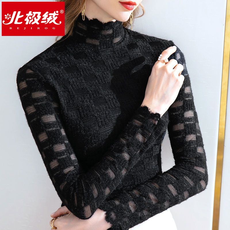 高領蕾絲上衣女2023春秋新款氣質顯瘦內搭長袖打底衫修身蕾絲衫