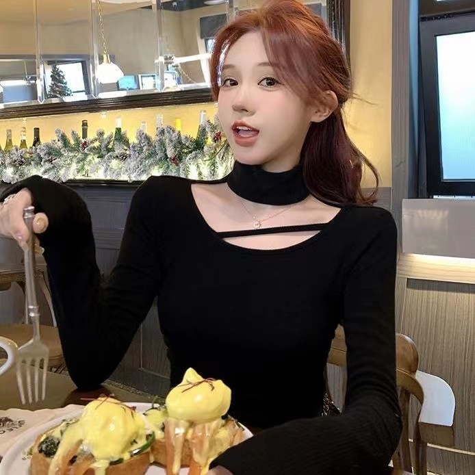 德絨保暖設計感掛脖打底衫女秋冬純欲風修身顯瘦高領短款長袖上衣