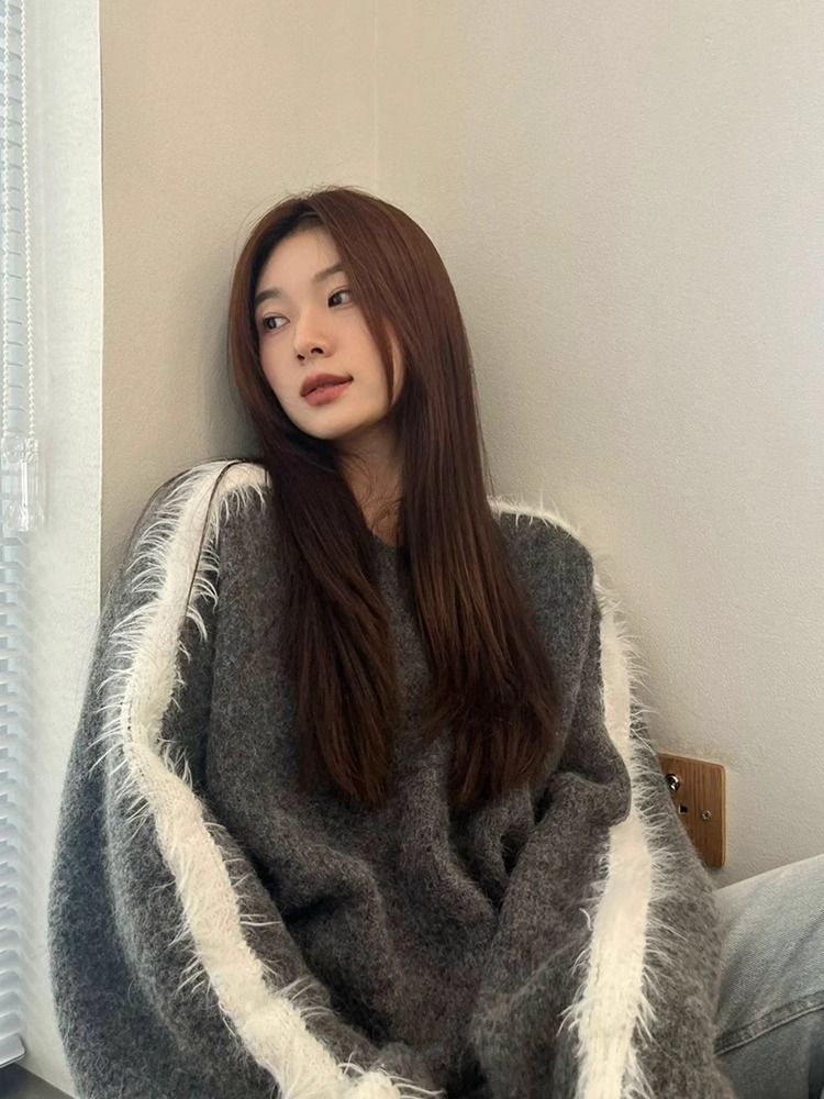 秋冬新款高級感超好看毛毛嵌花寬鬆軟糯加厚v領套頭毛衣女上衣