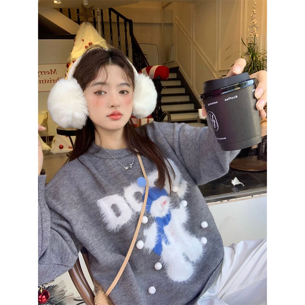 秋冬新款甜美風聖誕立體毛球寬鬆加厚保暖軟糯毛衣百搭上衣女