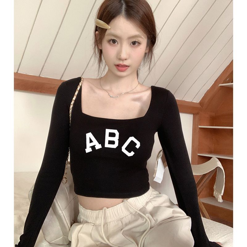法式方領長袖氣質t恤女秋冬打底衫修身顯瘦百搭短款黑色內搭上衣