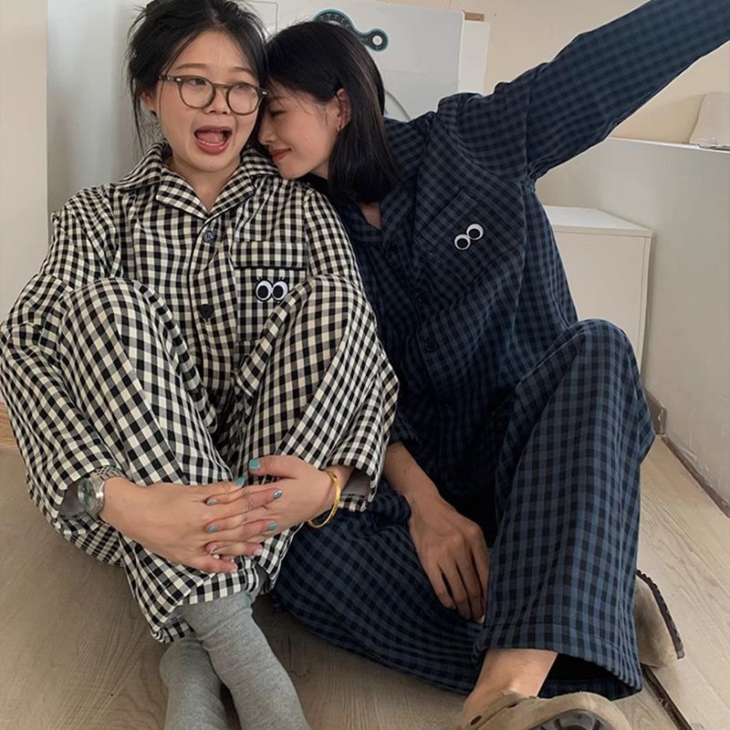 韓國秋冬可愛格子情侶女士睡衣女甜美ins風日系可外穿家居服女