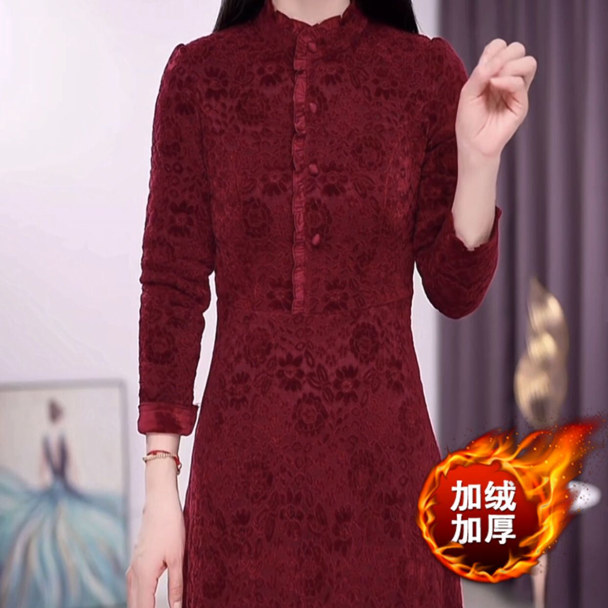 植絨蕾絲提花加絨加厚連衣裙2023新款冬女婚宴氣質改良版旗袍裙子