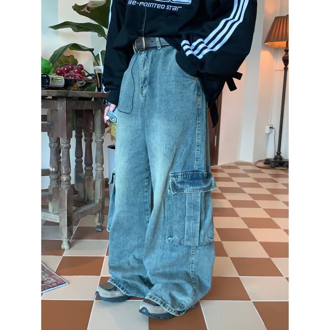 春秋季新款大口袋水洗做舊牛仔闊腿褲女美式復古oversize拖地褲子