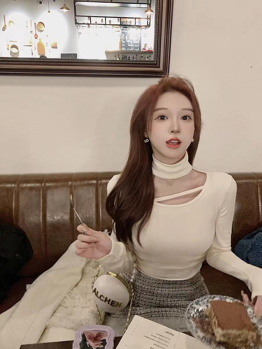 德絨保暖設計感掛脖打底衫女秋冬純欲風修身顯瘦高領短款長袖上衣