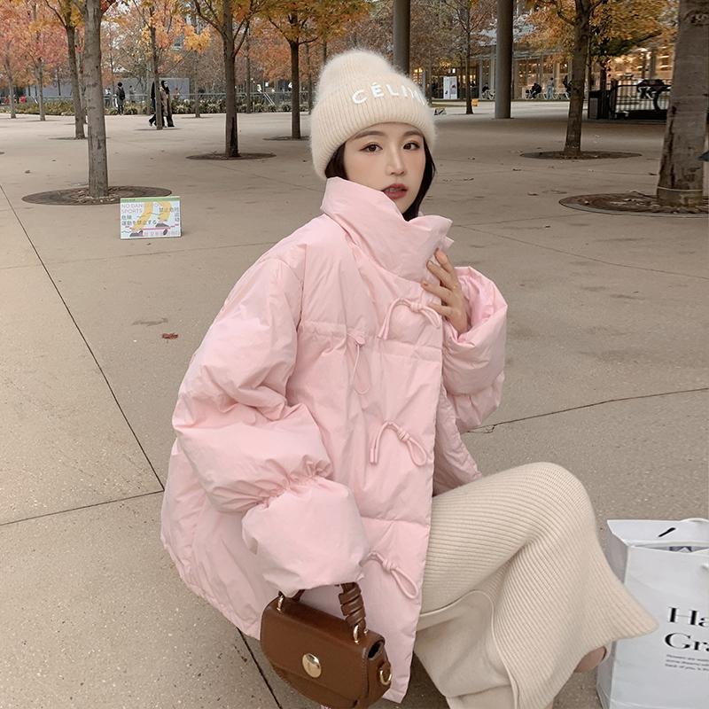 高級感氣質粉色棉服冬季時尚新款小眾設計感寬鬆休閒保暖立領棉服