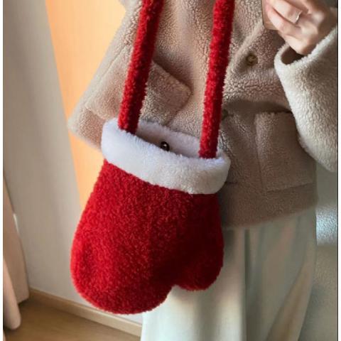 冬季新款圣诞手套包2023小众时尚元旦红色斜挎包包洋气单肩毛毛包