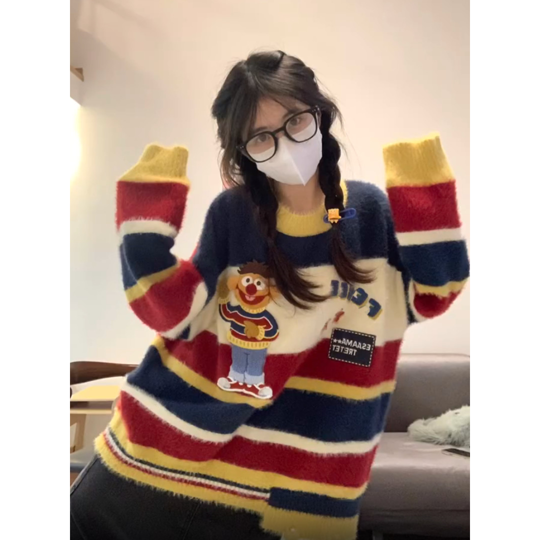 日系學院風卡通撞色條紋圓領毛衣女秋冬寬鬆慵懶風溫柔軟糯針織衫