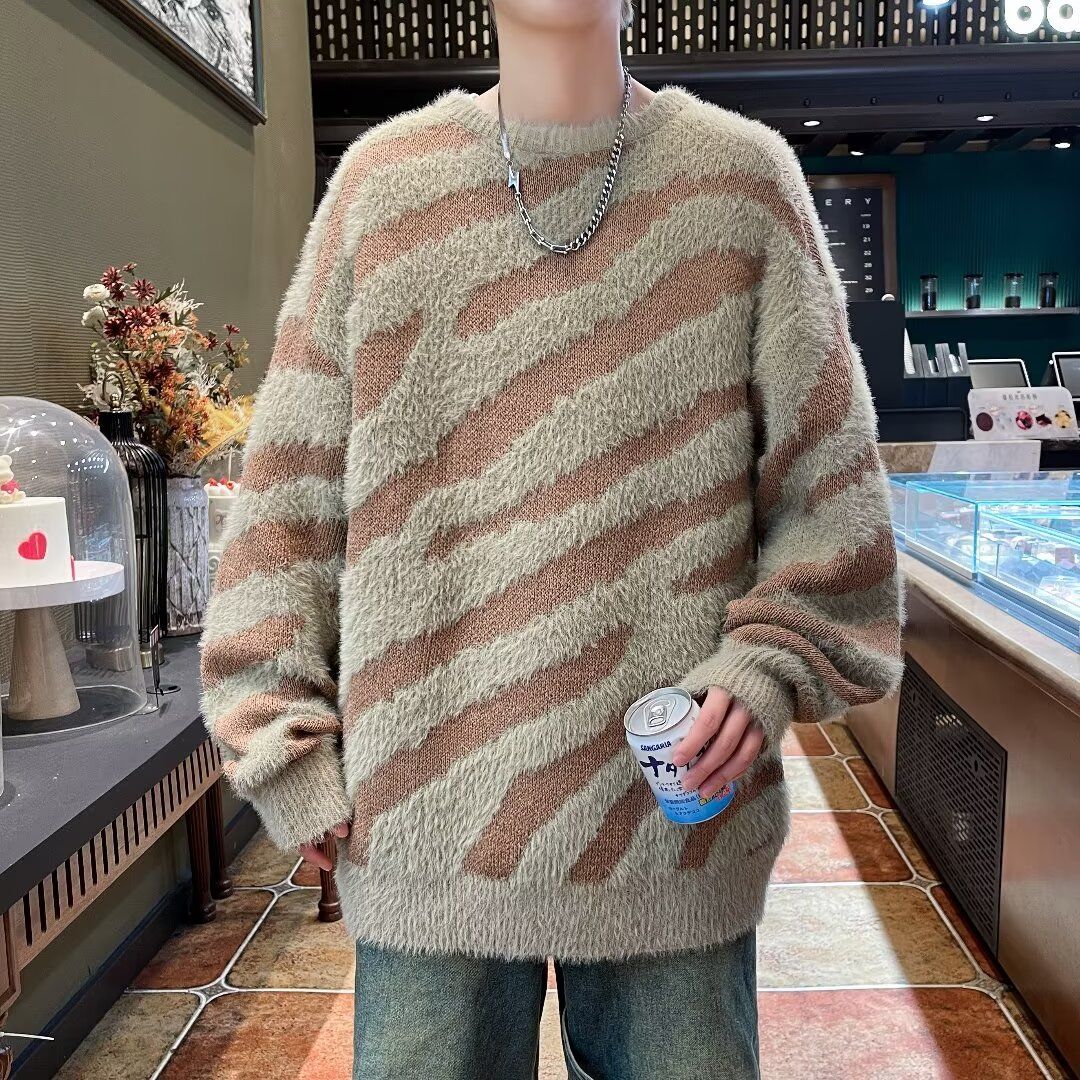 Zebra striped sweater for men and women, trendy brand niche, versatile Korean version, lazy and loose, ins student bottoming sweater, sweater