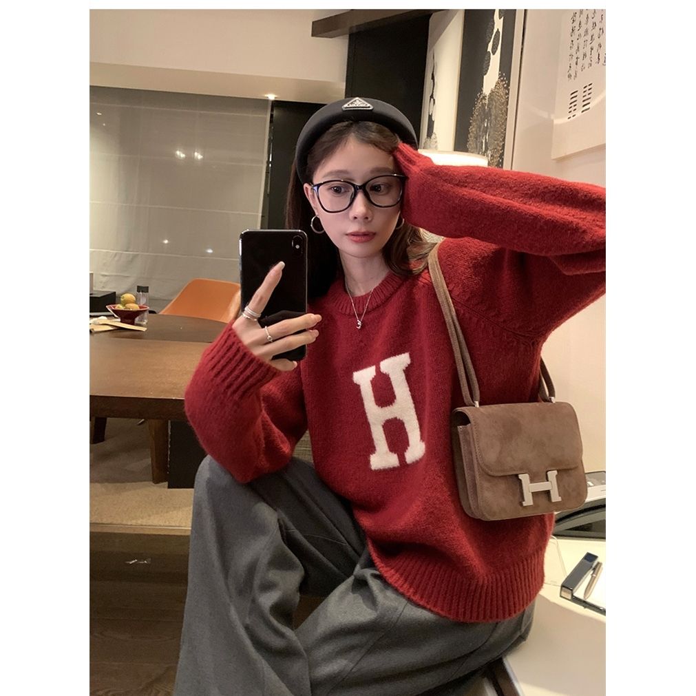 新款慵懶風軟糯加厚紅色毛衣女秋冬季款寬鬆顯瘦圓領套頭上衣