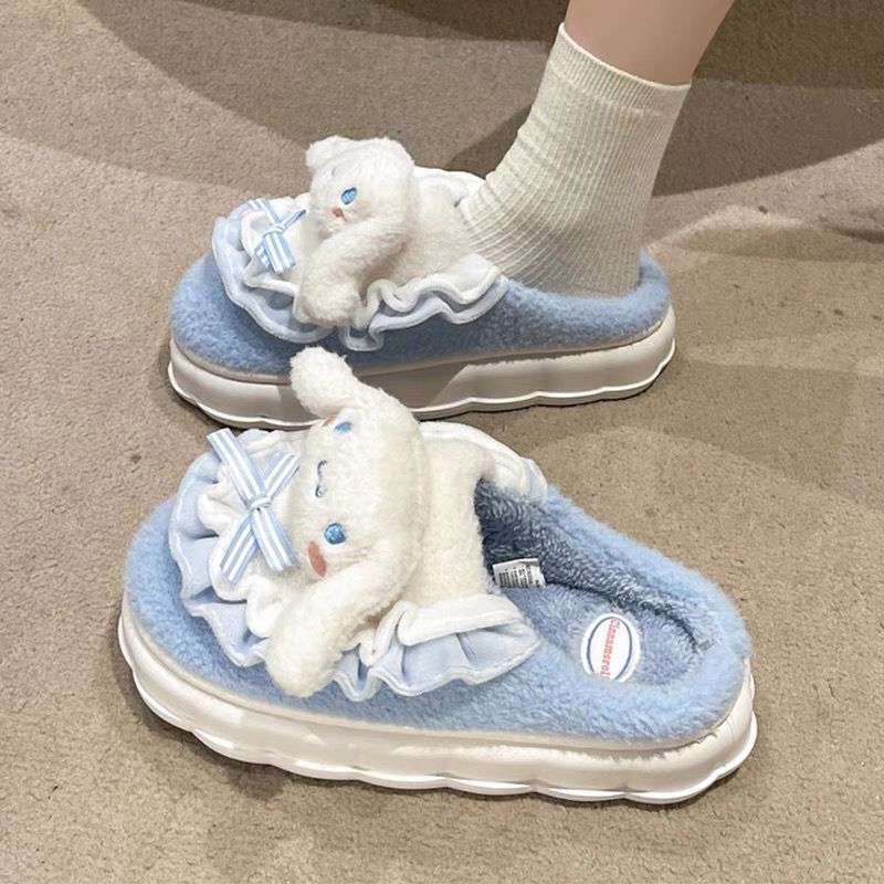 Cartoon Cute Kuromi Cinnamon Dog Winter Cotton Slippers for Women Thick Sole Non-Slip Plush Cotton Indoor Home Daily