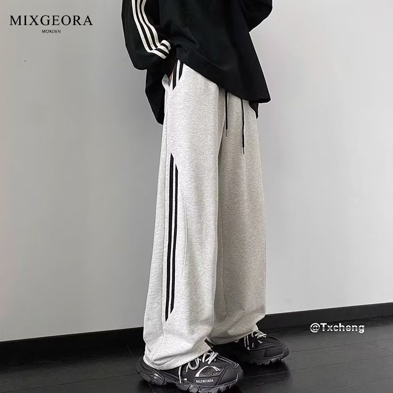 MIX GEORA美式灰色条纹裤子男秋季直筒卫裤休闲潮高级感运动长裤