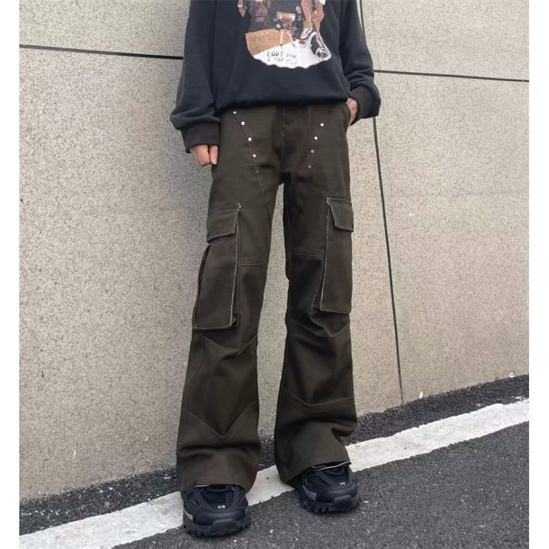American high street design multi-pocket cargo pants for men ins fashion brand straight loose wide-leg casual long pants