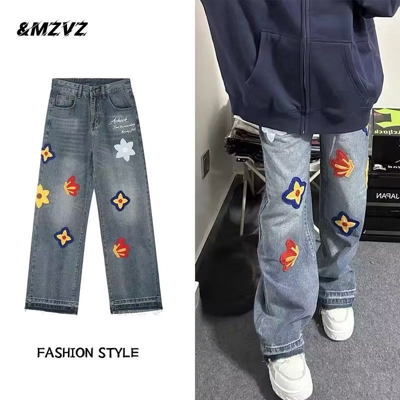 美式高街花朵刺繡牛仔褲男女情侶嘻哈寬鬆直筒拖地闊腿長褲潮牌