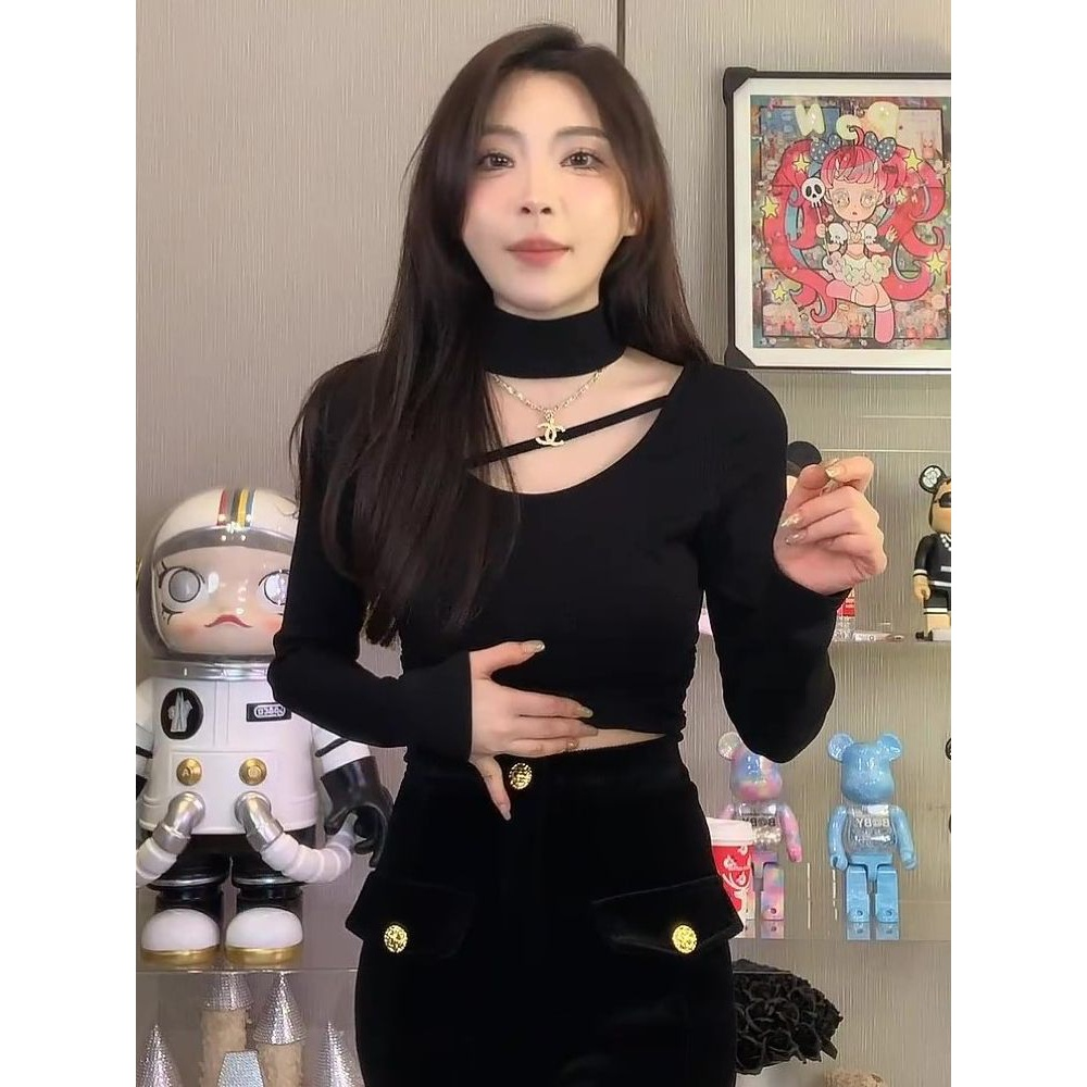 德絨保暖設計感掛脖打底衫女秋冬純欲風修身顯瘦高領短款長袖上衣