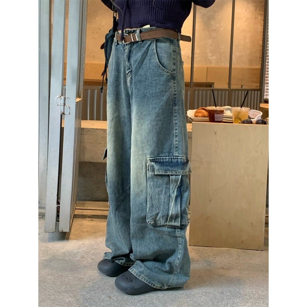 美式高街水洗做舊水洗藍工裝牛仔褲男vintage直筒寬鬆痞帥闊腿褲