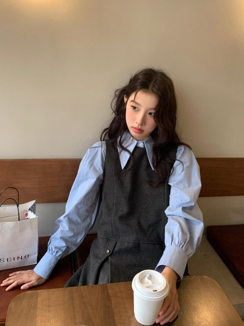 British style shirt vest skirt two-piece set for women autumn and winter new style small fragrance temperament age-reducing versatile commuting two-piece set