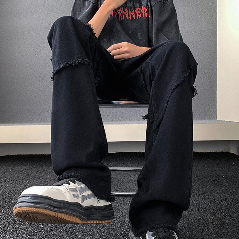 美式vibe風褲子潮in高街男夏季黑色修身牛仔褲男款毛邊直筒微喇褲