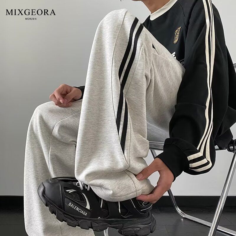 MIX GEORA美式灰色条纹裤子男秋冬直筒加厚潮痞帅卫裤休闲运动裤